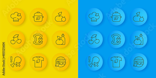 Set line No chicken leg, Fresh berries, leather, Vegan food diet, Apple cider vinegar in bottle, and icon. Vector