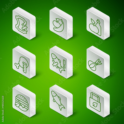 Set line Shopping bag with recycle, Fish, No leather, fish, Genetically modified chicken, Apple and banana, Vegan food diet and Onion icon. Vector