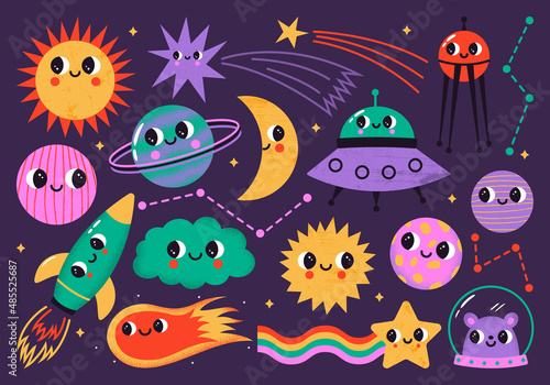 Vector set of abstract planets, stars, ufo, rocket and other space elements with cute face expressions. Geometric cosmic shapes in trendy style. Colorful bizarre characters with texture