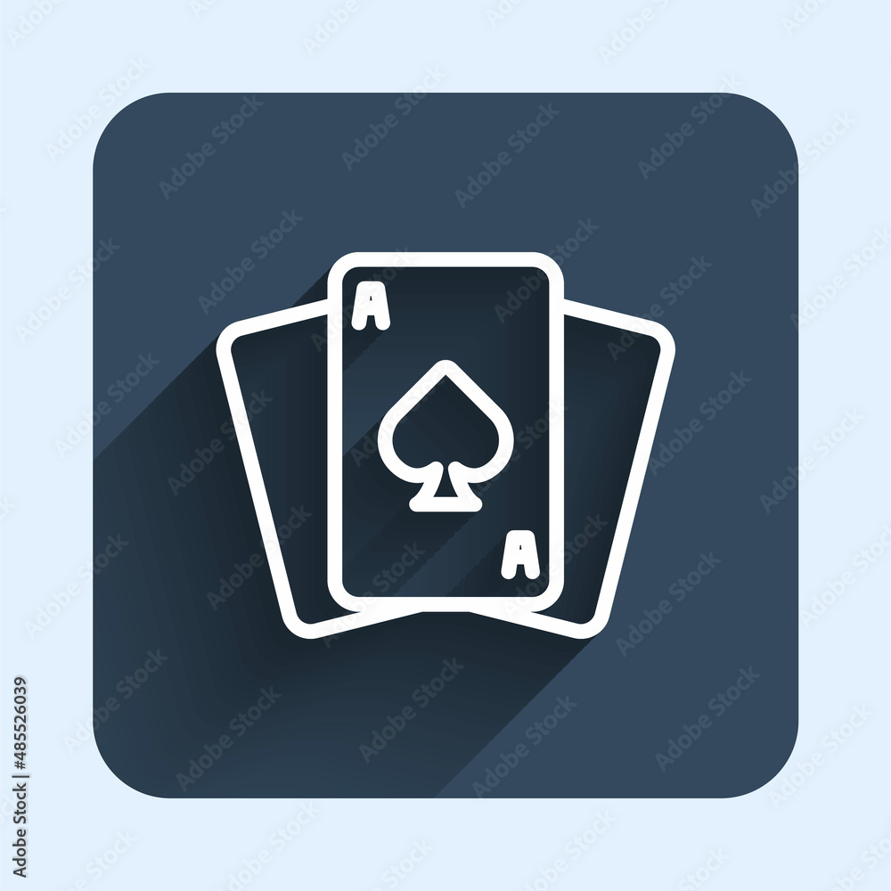 White line Playing cards icon isolated with long shadow background. Casino gambling. Blue square button. Vector White line Playing cards icon isolated with long shadow background. Casino gambling. Blue square button. Vector