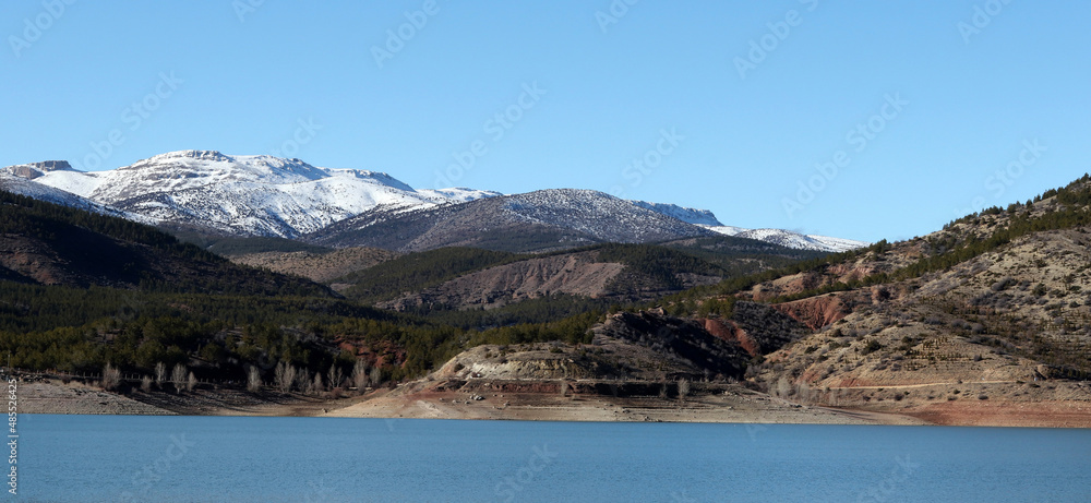 snowy mountain and lake landscape