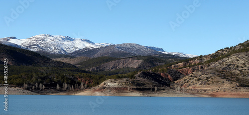 snowy mountain and lake landscape