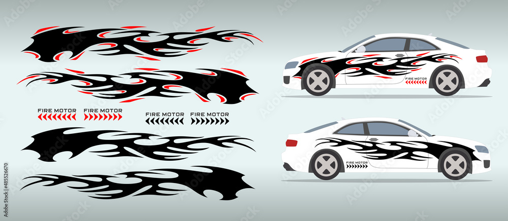 Car side sticker design. Auto vinyl decal template. Fire flame style.  Suitable for printing or cutting. Stock Vector