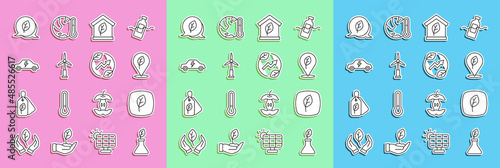 Set line Plant breeding, Leaf Eco symbol, Location with leaf, friendly house, Wind turbine, Electric car, and saving plug icon. Vector