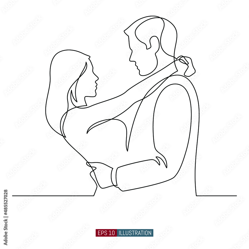 Continuous line drawing of Man and woman hug and look each other in the eye. Template for your design works. Vector illustration. Continuous line drawing of Man and woman hug and look each other in the eye. Template for your design works. Vector illustration.