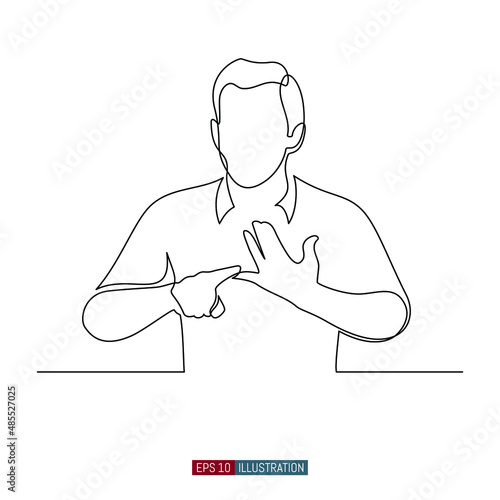 Continuous line drawing of The man counts on his fingers. Template for your design works. Vector illustration.