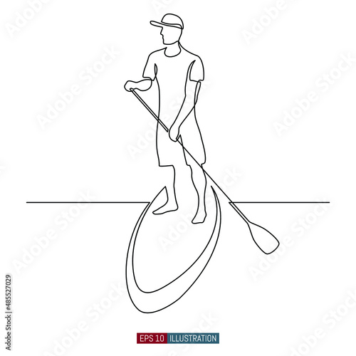 Continuous line drawing of Man on puddleboard. SUP boarding. Template for your design works. Vector illustration.
