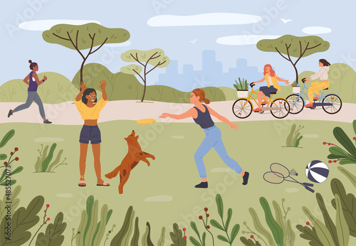 Cartoon people relaxing in park. Girls playing frisbee with dog pet on lawn. Female friends riding bicycle with baskets. Woman running outdoor. Active and healthy lifestyle outside vector