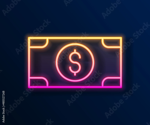 Glowing neon line Stacks paper money cash icon isolated on black background. Money banknotes stacks. Bill currency. Vector