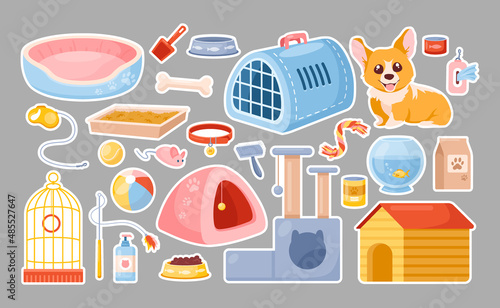 Pet care sticker. Vector animal accessories, toys, food, bowl, care items, supplies, snacks. Products for parrot, cat and dog in cartoon style. Domestic pet concept for vet store, shop, grooming