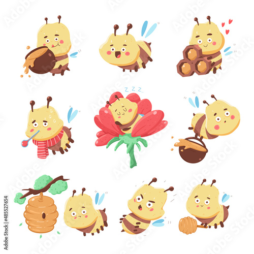 Fototapeta Naklejka Na Ścianę i Meble -  Funny bee vector cartoon characters set isolated on a white background.