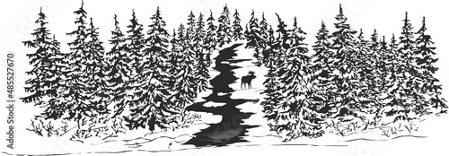  Elk near the taiga river in winter