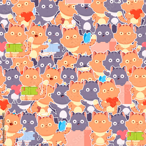 Cute cat vector cartoon seamless pattern.