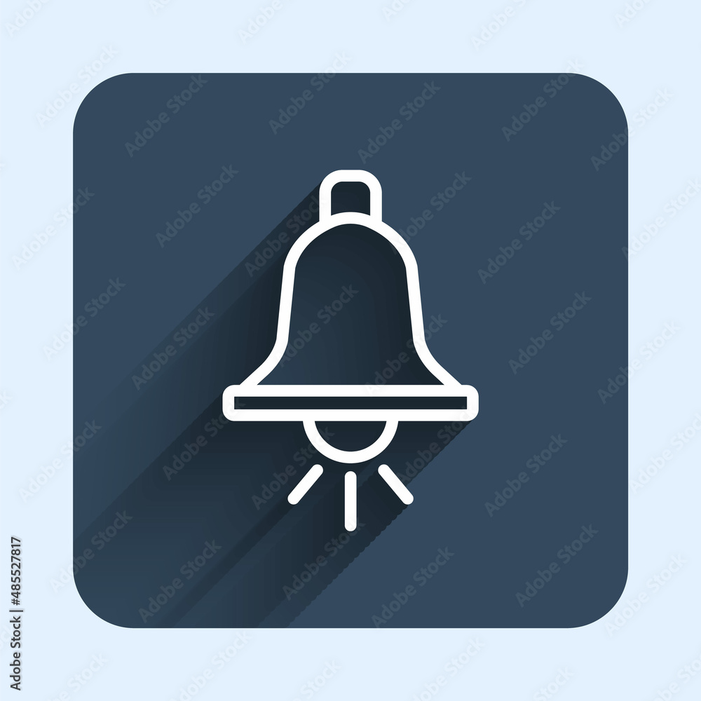White line Ringing alarm bell icon isolated with long shadow background. Fire alarm system. Service bell, handbell sign, notification symbol. Blue square button. Vector White line Ringing alarm bell icon isolated with long shadow background. Fire alarm system. Service bell, handbell sign, notification symbol. Blue square button. Vector