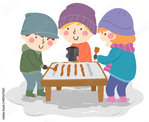 Kids Make Maple Candy Outdoors Winter Illustration