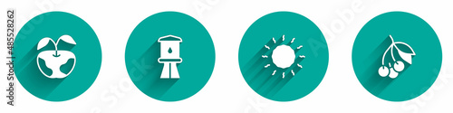 Set Apple, Water tower, Sun and Fresh berries icon with long shadow. Vector