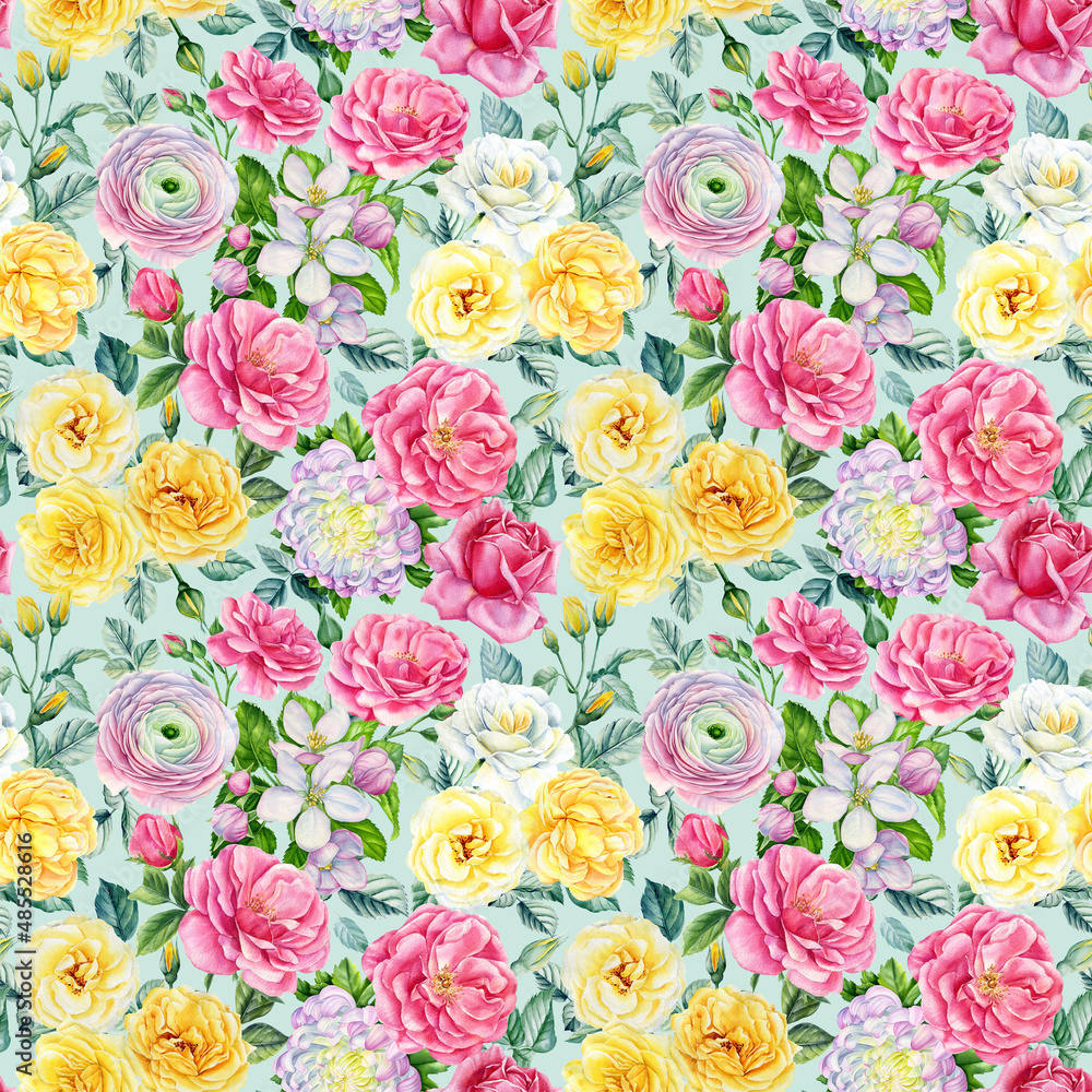 Roses, chrysanthemum, sakura and anemone, floral background, watercolor clipart, seamless pattern. Delicate flowers.
