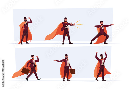 Business superheroes. Male and female action characters flying in power costumes strong business persons garish vector flat people