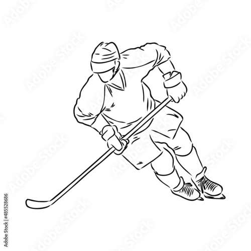 Ice hockey player, isolated vector silhouette, ink drawing