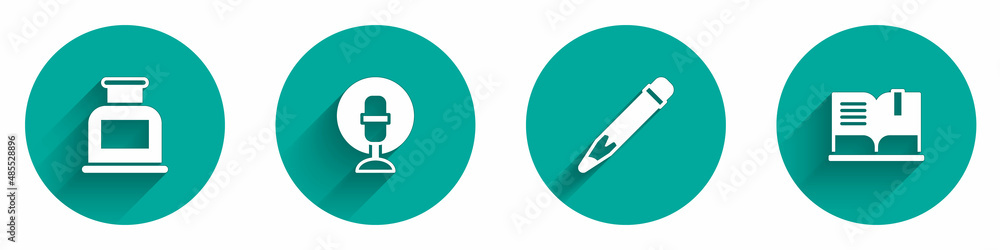 Set Inkwell, Microphone, Pencil with eraser and Open book icon with long shadow. Vector Set Inkwell, Microphone, Pencil with eraser and Open book icon with long shadow. Vector