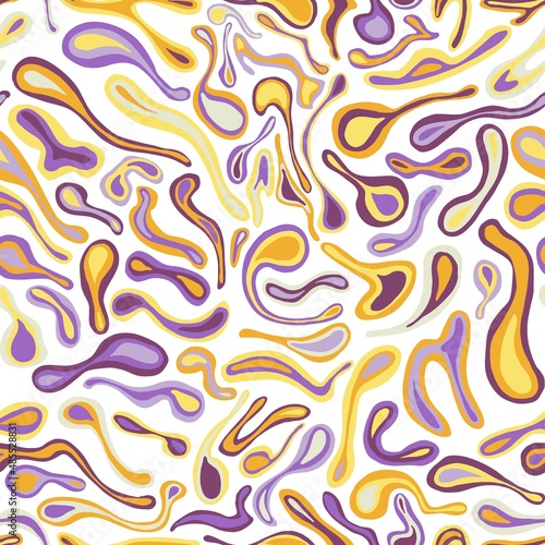 A trendy handwritten seamless pattern with a lot of smooth doodles of actual purple-yellow colors and figures interspersed in them. For any textile design, wallpaper or background.