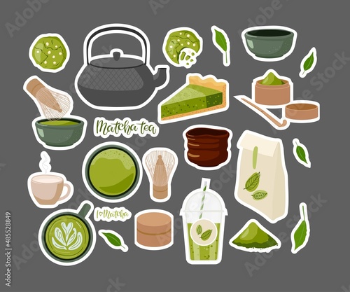 Green Matcha Tea sticker set. Set of Matcha healthy drink stickers. Japanese tea culture. Flat vector illustration Template of cards, banners, poster for shop, postcard, menu, packaging, brand, cafe.