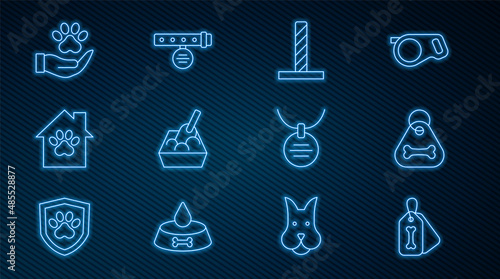 Set line Dog collar with bone, Cat scratching post toy, litter tray shovel, Pet house, Hands animals footprint, Collar name tag and icon. Vector
