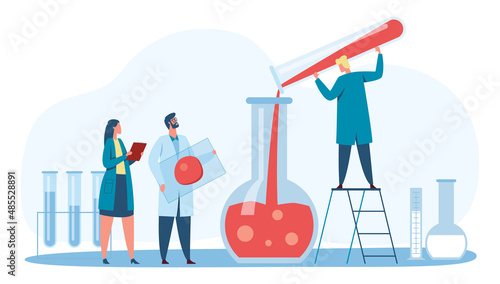 Scientists research. Researcher standing on ladder pouring red liquid from tube to flask. Blood analysis in laboratory. Cartoon medical workers in coats with equipment examining sample vector