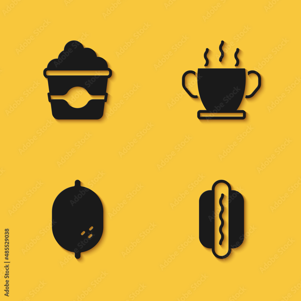 Set Popcorn in cardboard box, Hotdog, Lemon and Bowl of hot soup icon with long shadow. Vector Set Popcorn in cardboard box, Hotdog, Lemon and Bowl of hot soup icon with long shadow. Vector
