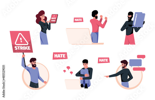 Cyberbullying. Social media aggressive hate fear people from internet harrasment shame and blaming culture haters garish vector cyberbulling concept pictures