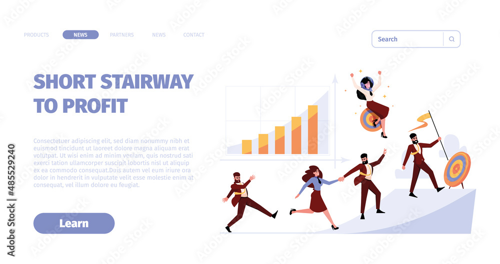Fototapeta premium Business landing. Successful characters job journey marketing goals managers moving up to target garish vector advertising web page with place for text
