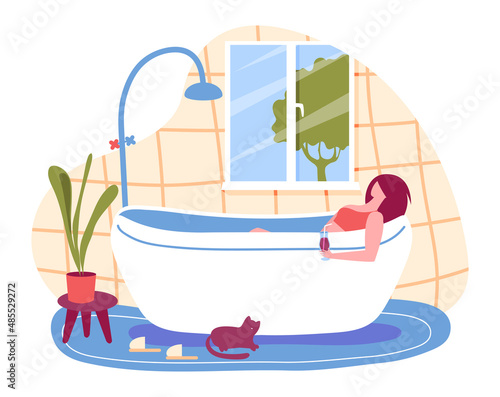 Cartoon woman taking bath. Young female character enjoying free time, drinking cocktail. Beauty treatment and relaxation in bathroom. Washing body, self care concept vector illustration