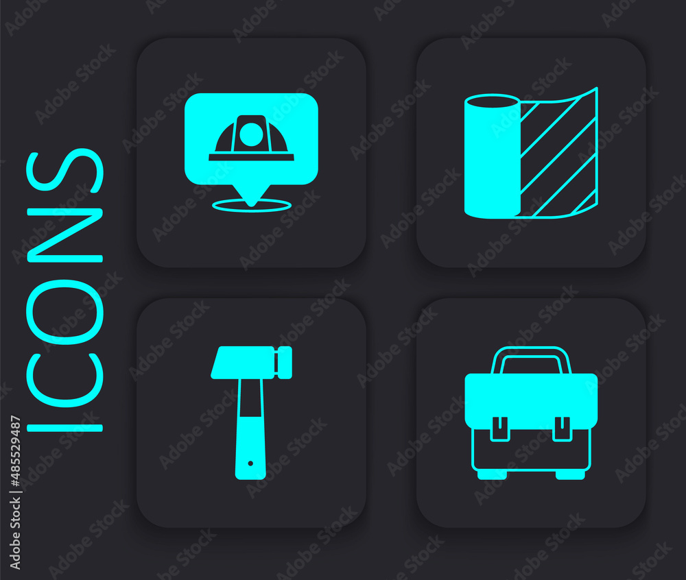 Set Toolbox, Worker safety helmet, Wallpaper and Hammer icon. Black square button. Vector Set Toolbox, Worker safety helmet, Wallpaper and Hammer icon. Black square button. Vector