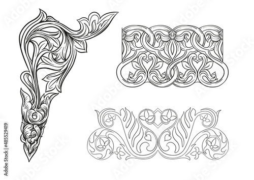 Interlacing abstract ornament in the medieval, romanesque style. Element for design. Outline Vector illustration. Isolated on white background.