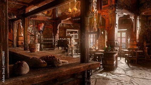 Bar area of an old medieval tavern lit by daylight through windows. 3D rendering.