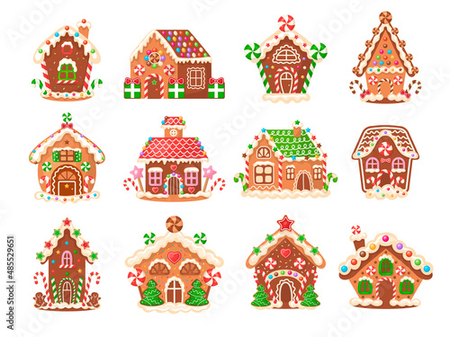 Gingerbread house. Xmas bakery decorative products sweets and cakes collection recent vector gingerbreads colored illustrations