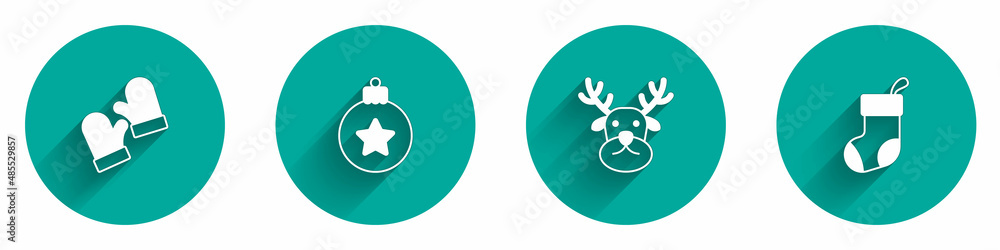 Set Christmas mittens, ball, Reindeer and stocking icon with long shadow. Vector Set Christmas mittens, ball, Reindeer and stocking icon with long shadow. Vector