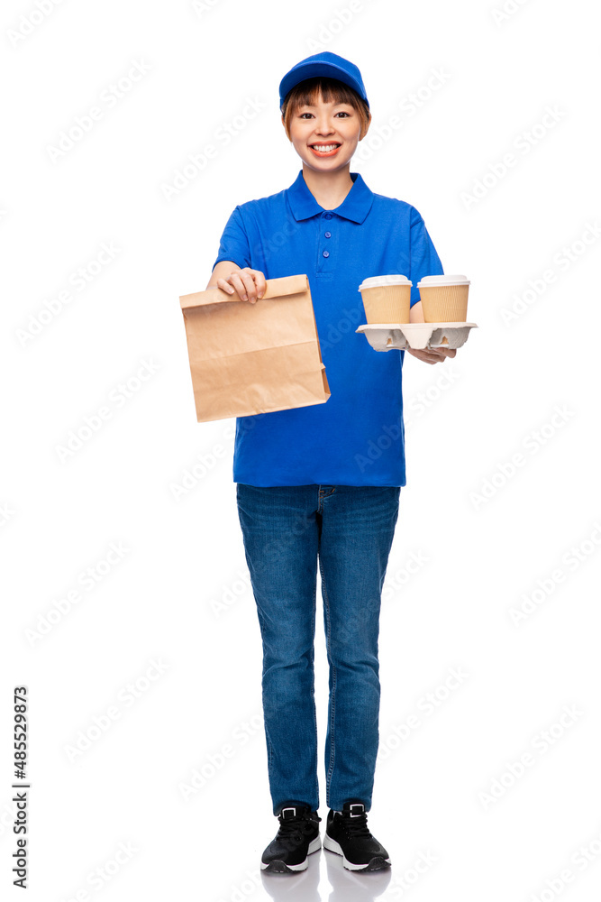 service and job concept - delivery woman in blue uniform with takeaway food in paper bag and hot drinks in disposable cups over white background service and job concept - delivery woman in blue uniform with takeaway food in paper bag and hot drinks in disposable cups over white background