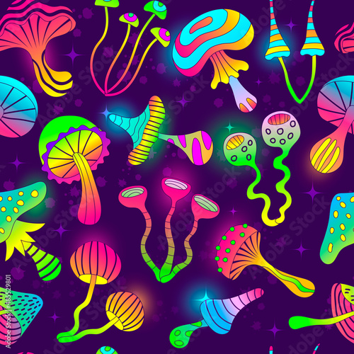 Mushrooms pattern. Psychodelic unhealthy drugs colored neon shapes mushroom seamless background for print designs recent vector template