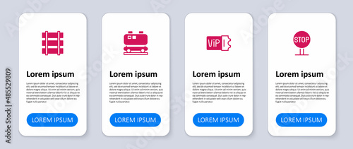 Set Stop sign, Train ticket, Oil railway cistern and Railway, railroad track. Business infographic template. Vector