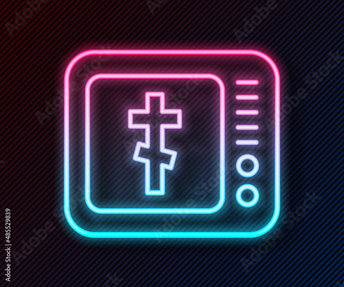 Glowing neon line Online church pastor preaching video streaming icon isolated on black background. Online church of Jesus Christ. Vector