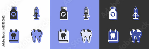 Set Broken tooth, Toothache painkiller tablet, Calendar with and Syringe icon. Vector