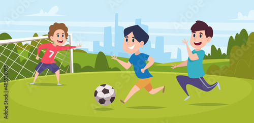 Boys playing football. Running outdoor kids with football ball on grass exact vector cartoon background