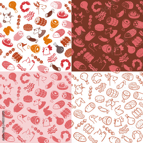 Meat seamless pattern collection. Pieces of meat and meat products. Food ingredients for cooking illustration. Colorful, monochrome silhouettes and doodle style. Vector illustration.