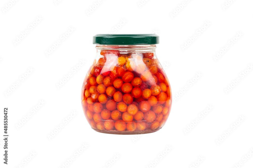 jar with red rowanberry isolated on white background jar with red rowanberry isolated on white background