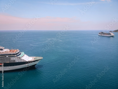 The snout of the luxurious cruise liner, vast seascape, beautiful horizon; big vessel concept.