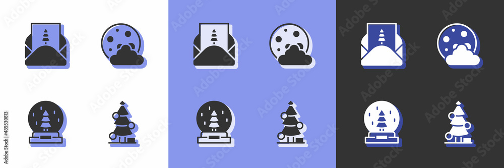 Set Christmas tree, Envelope, snow globe and night icon. Vector