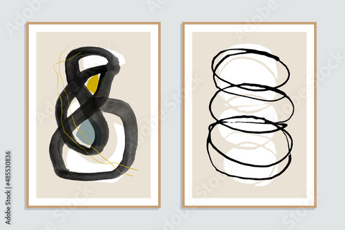 Set of two abstract minimalist hand-painted illustrations for wall decoration, postcard or brochure design. Vector EPS10.