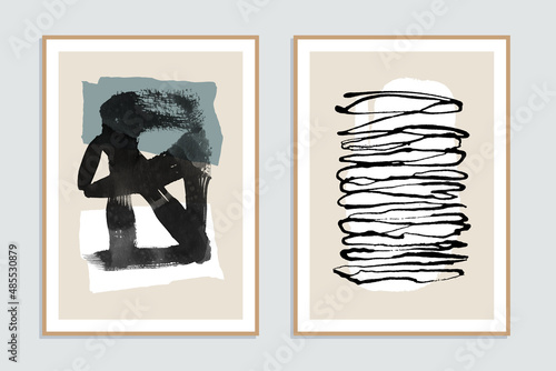 Set of two abstract minimalist hand-painted illustrations for wall decoration, postcard or brochure design. Vector EPS10.