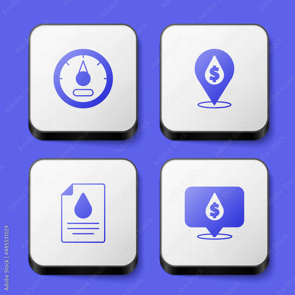 Set Motor gas gauge, Oil drop with dollar symbol, Contract money and pen and icon. White square button. Vector Set Motor gas gauge, Oil drop with dollar symbol, Contract money and pen and icon. White square button. Vector